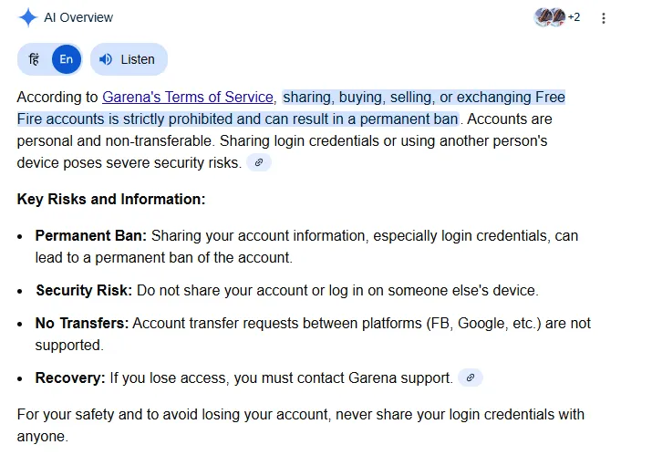 free fire account sharing can cause free fire id ban
