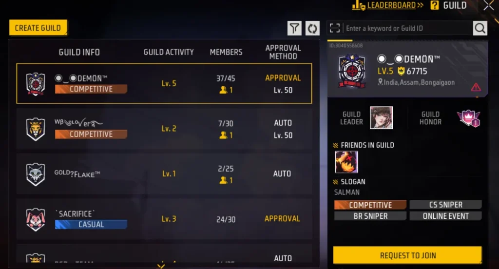 free fire create guild and search guild interface