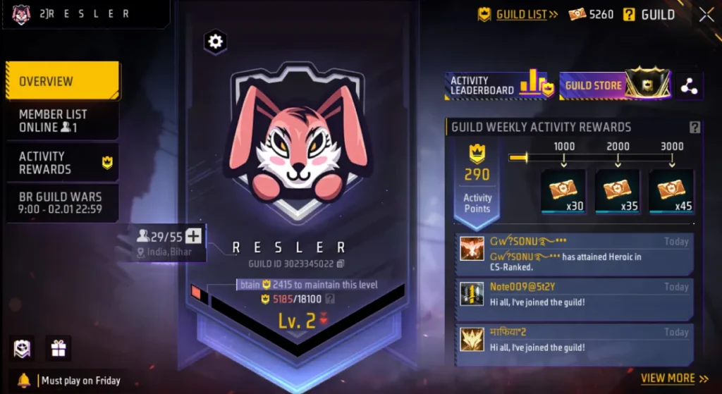 free fire guild interface