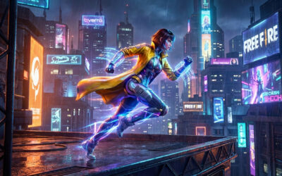 Free Fire character Alok in neon cyberpunk city with glowing sonic abilities wallpaper