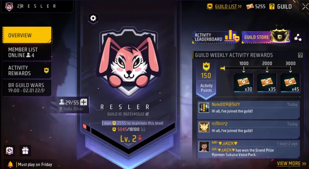 Free Fire Guild to Joining, Creating all details