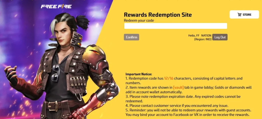 free fire redeem code site